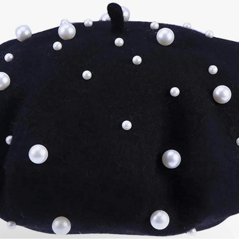 Cashmere Beret (Beaded) in Ivory or Black with White Simulated Pearls